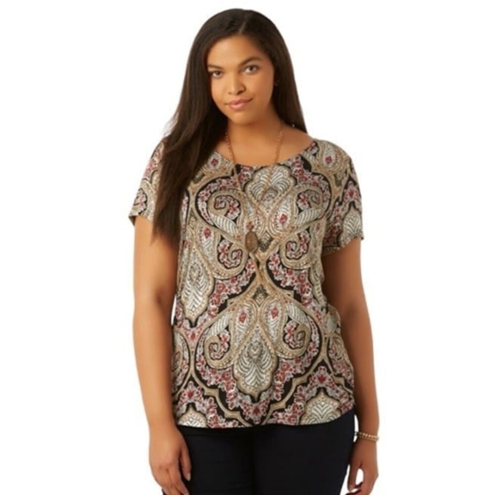 Simply Emma Plus Size Women's T-Shirt Red Black Paisley Floral size 2X